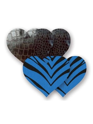 Пара черных пэстис-сердечек под змеиную кожу и пара синих полосатых пэстис-сердечек